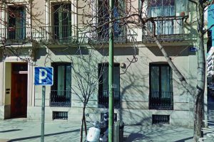 Panoramic aerial view of Gran Via, main shopping street in Madrid, capital of Spain, Europe.